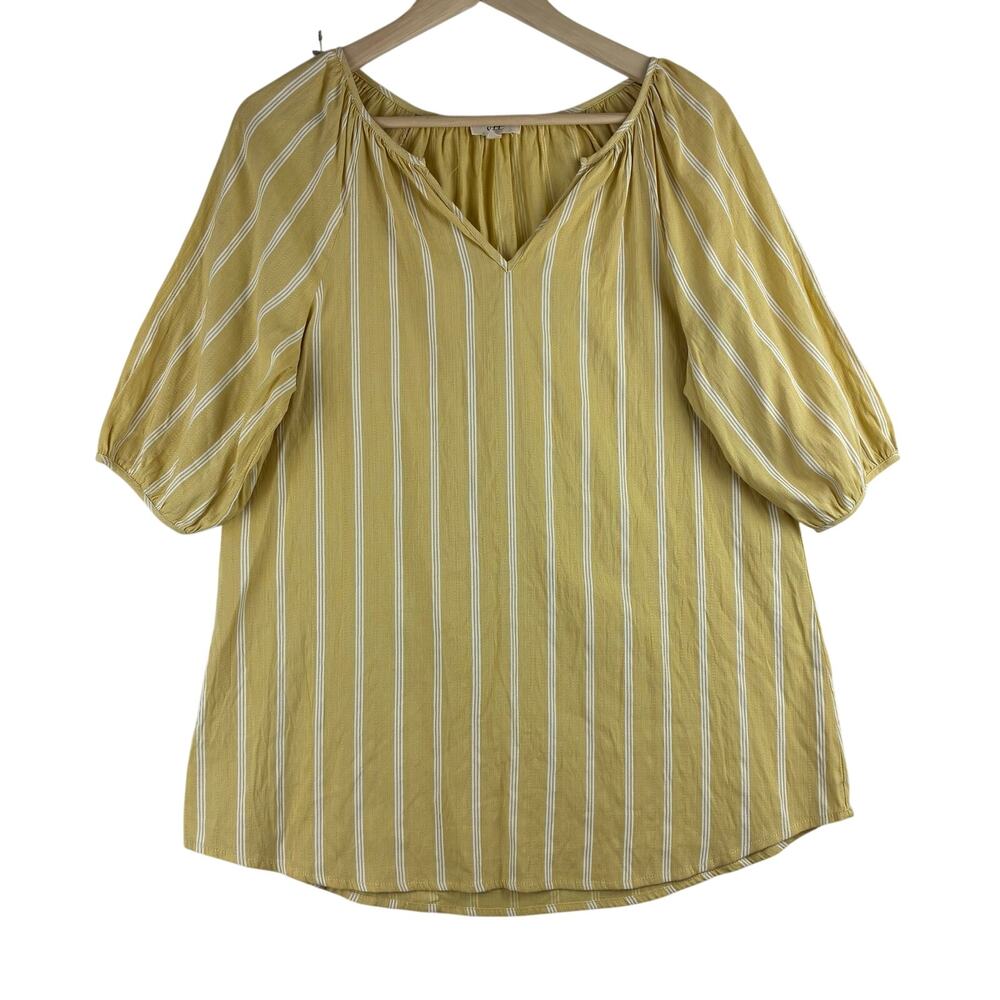 Ott Puff Sleeve Peasant Blouse Women's Large Yellow Stripe Split Neck Cotton Bld